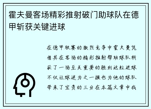 霍夫曼客场精彩推射破门助球队在德甲斩获关键进球